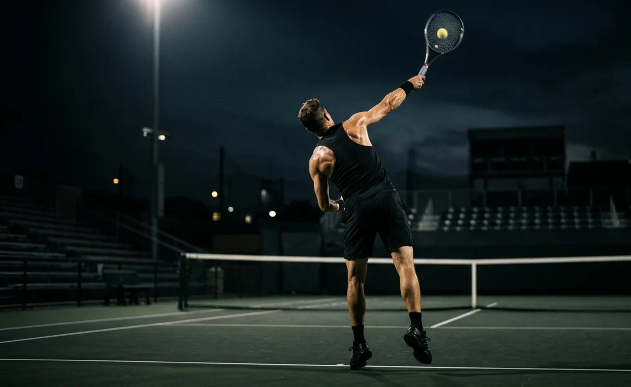 Tennisspieler beim Aufschlag auf einem flutlichtbeleuchteten Platz bei Nacht